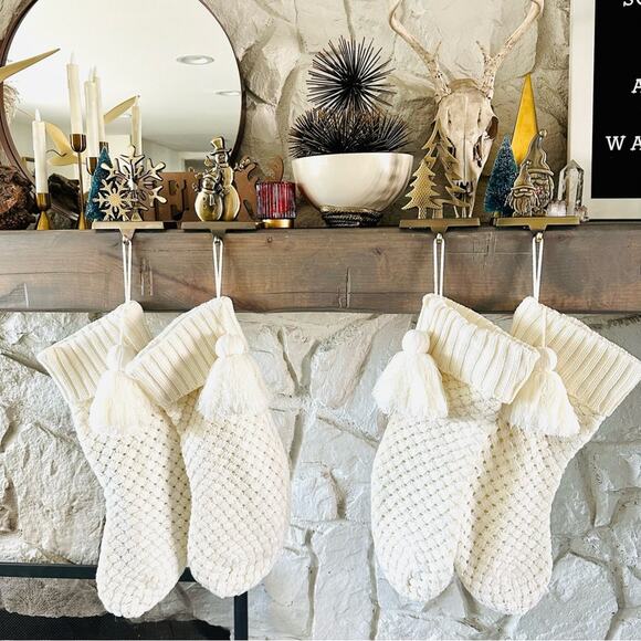 NEW ANTHROPOLOGIE Brass Gold Stocking Holders Snowflake Tree Snowman Gnome Set 4 - Picture 1 of 16